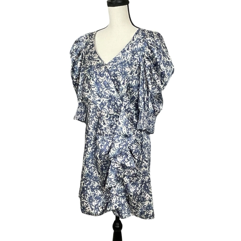 Cinq a Sept Coastal Chic Puff Sleeve Satin Dress Womens 12 Ruched Cottagecore - Picture 2 of 10